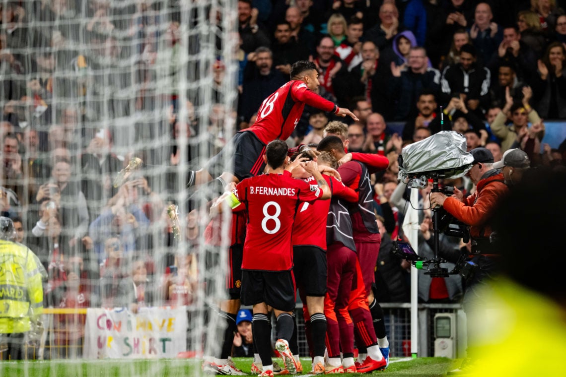 Rasmus Hojlund of Manchester United celebrates scoring their second goal during the UEFA Champions League match between Manchester United and Galat...