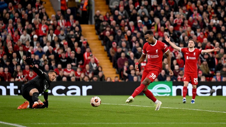 (THE SUN OUT, THE SUN ON SUNDAY OUT) Ryan Gravenberch of Liverpool scoring the opening goal during the Group E - UEFA Europa League match between L...