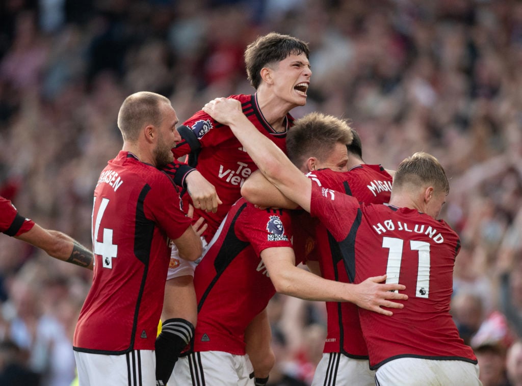 Scott McTominay of Manchester United celebrates scoring the winning goal with team mates Christian Eriksen, Alejandro Garnacho, Rasmus Hojlund and Harry Maguire during the Premier League match between Manchester United and Brentford FC at Old Trafford on October 7, 2023