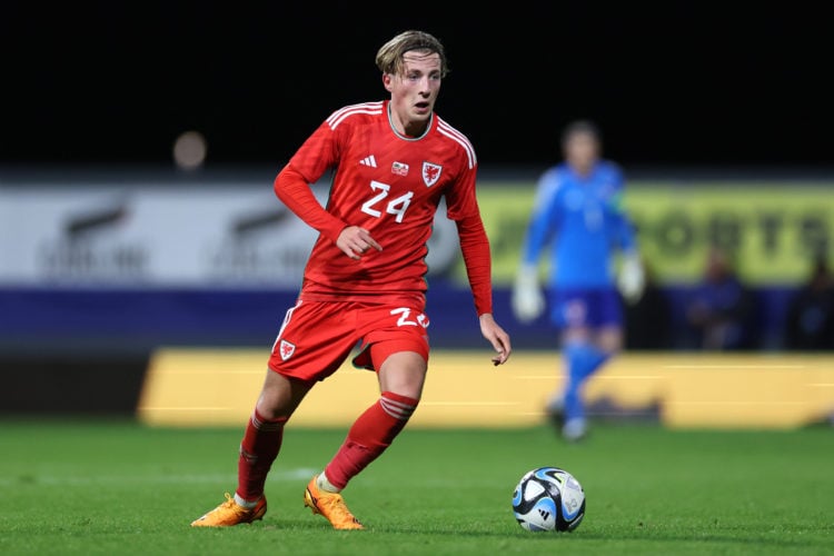 Charlie Savage of Wales in action during the international friendly match between Wales and Gibraltar at Racecourse Ground on October 11, 2023 in W...