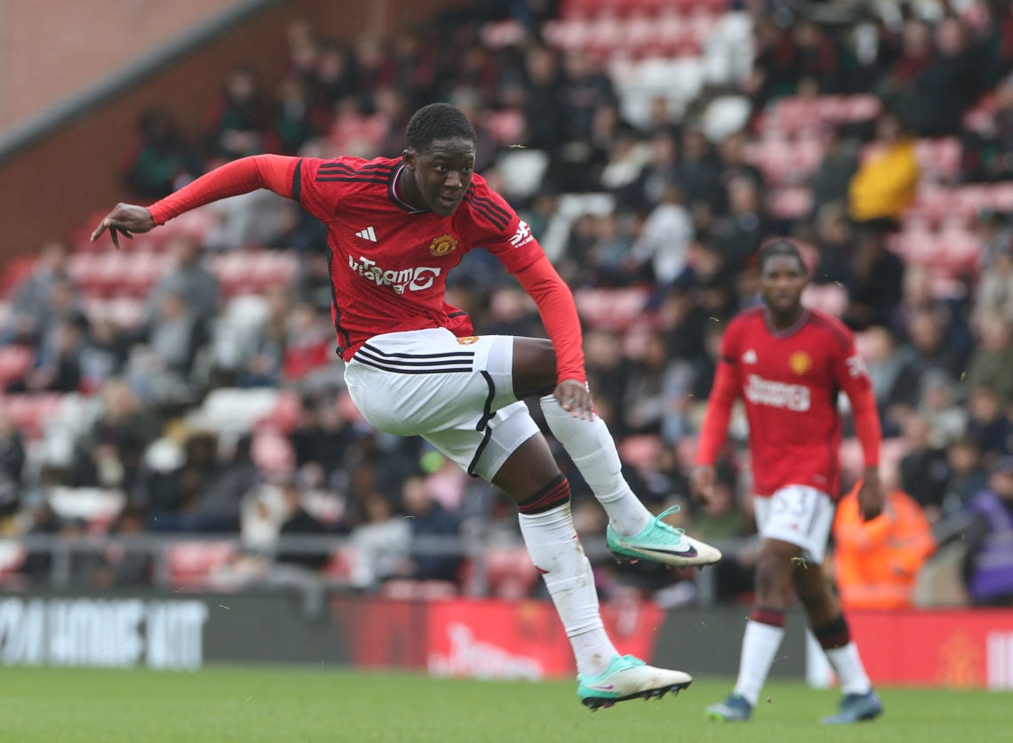 Kobbie Mainoo of Manchester United in action during the UEFA Youth League Group A match between Manchester United and Copenhagen at Leigh Sports Vi...