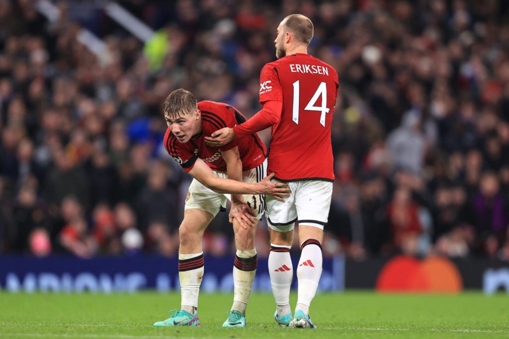 Rasmus Hojlund and Christian Eriksen of Manchester United during the UEFA Champions League Group A match between Manchester United and F.C. Copenha...