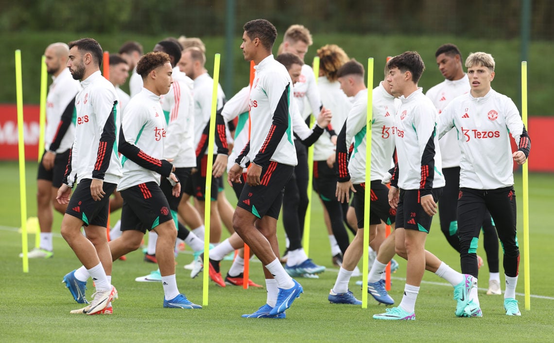 (EXCLUSIVE COVERAGE) Alejandro Garnacho of Manchester United in action during a first team training session at Carrington Training Ground on Octobe...