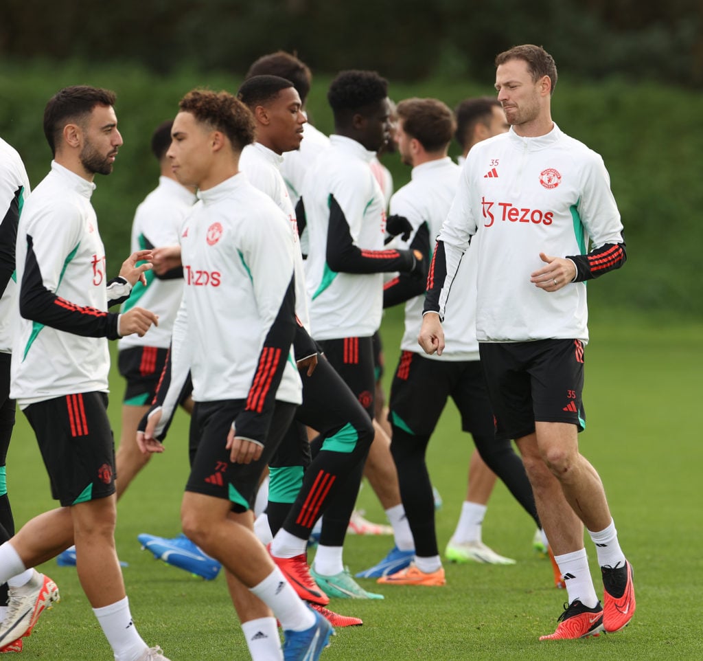 (EXCLUSIVE COVERAGE) Jonny Evans of Manchester United in action during a first team training session at Carrington Training Ground on October 19, 2...