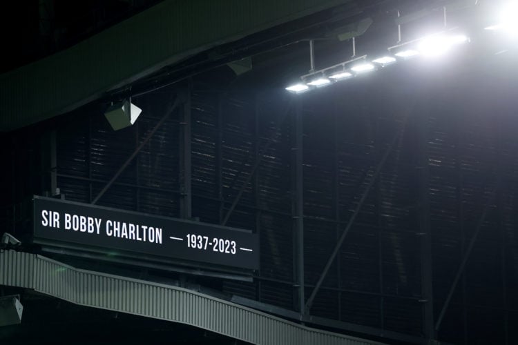 The LED board shows a tribute to former Manchester United player Sir Bobby Charlton prior to the UEFA Champions League match between Manchester Uni...