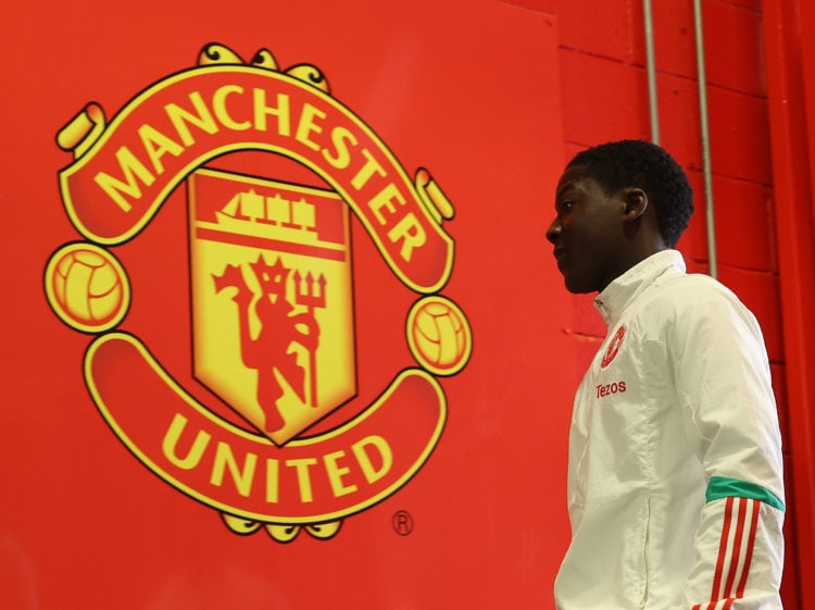 Kobbie Mainoo of Manchester United arrives ahead of the Premier League match between Manchester United and Manchester City at Old Trafford on Octob...