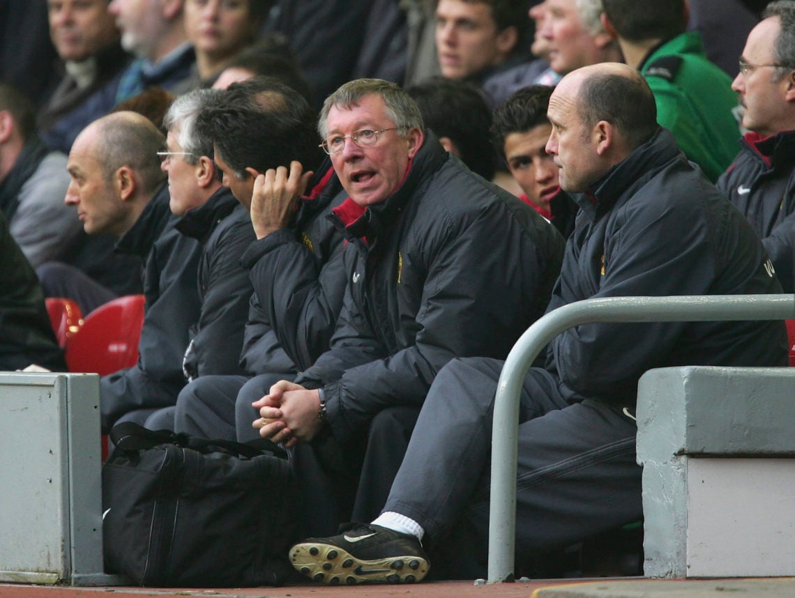 Alex Ferguson, the manager of  Manchester United looks on during the Barclays Premiership match between Liverpool and Manchester United at Anfield ...