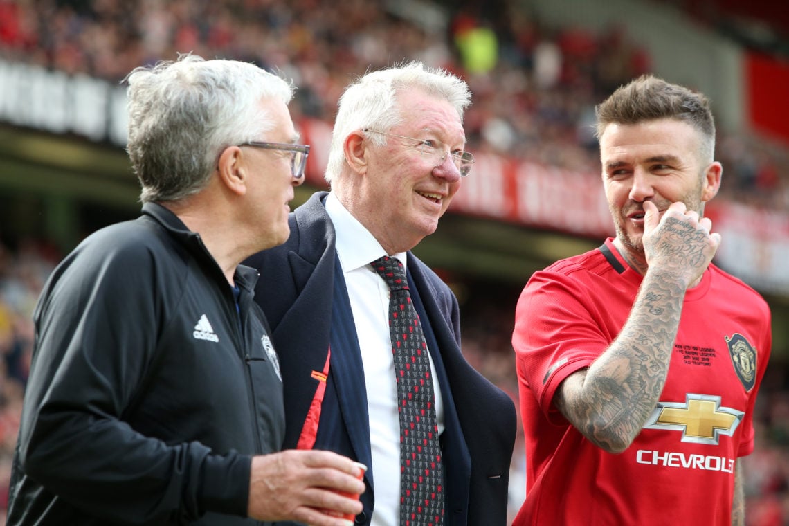 David Beckham of Manchester United '99 Legends walks out with Manchester United '99 Legends Manager Sir Alex Ferguson prior to the 20 Years Treble ...