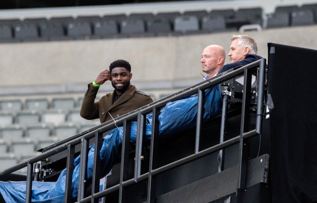 The BBC team of Micah Richards, Alan Shearer and Gary Lineker watch on during the FA Cup Quarter Final match between Newcastle United and Mancheste...