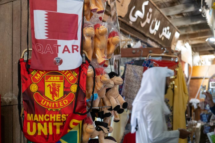 A Manchester United bag on sale in the Souq Waqif in the capital of Doha in Qatar after  the announcement that Sheikh Jassim Bin Hamad Al Thani con...