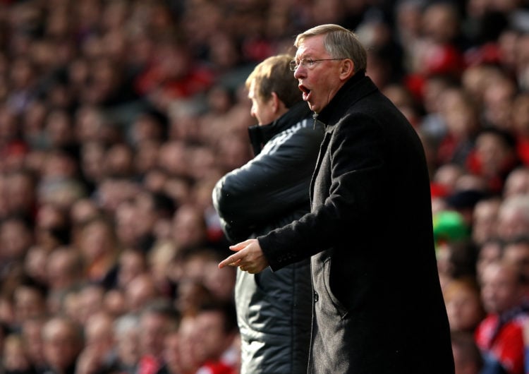 Manchester United Manager Sir Alex Ferguson shouts orders during the FA Cup Fourth Round match between Liverpool and Manchester United at Anfield o...