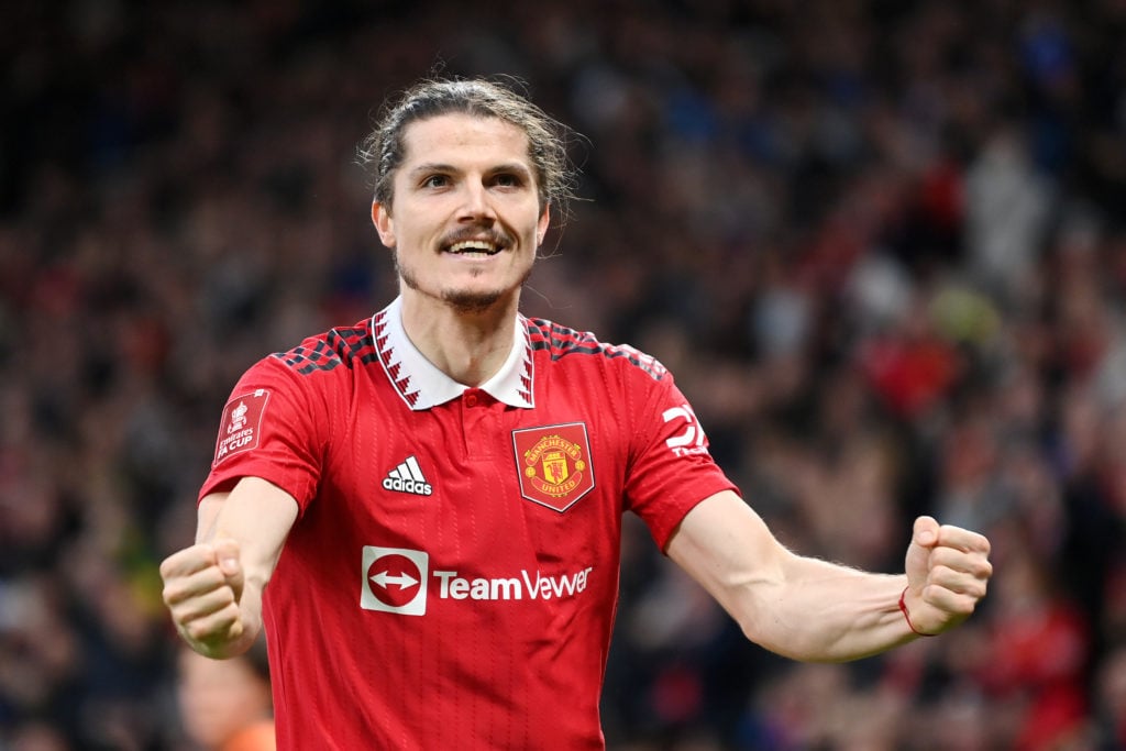 Manchester United midfielder Marcel Sabitzer celebrates against Fulham