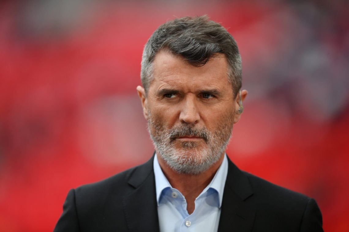 Roy Keane looks on prior to the FA Cup Semi Final match between Manchester City and Sheffield United at Wembley Stadium on April 22, 2023 in London...