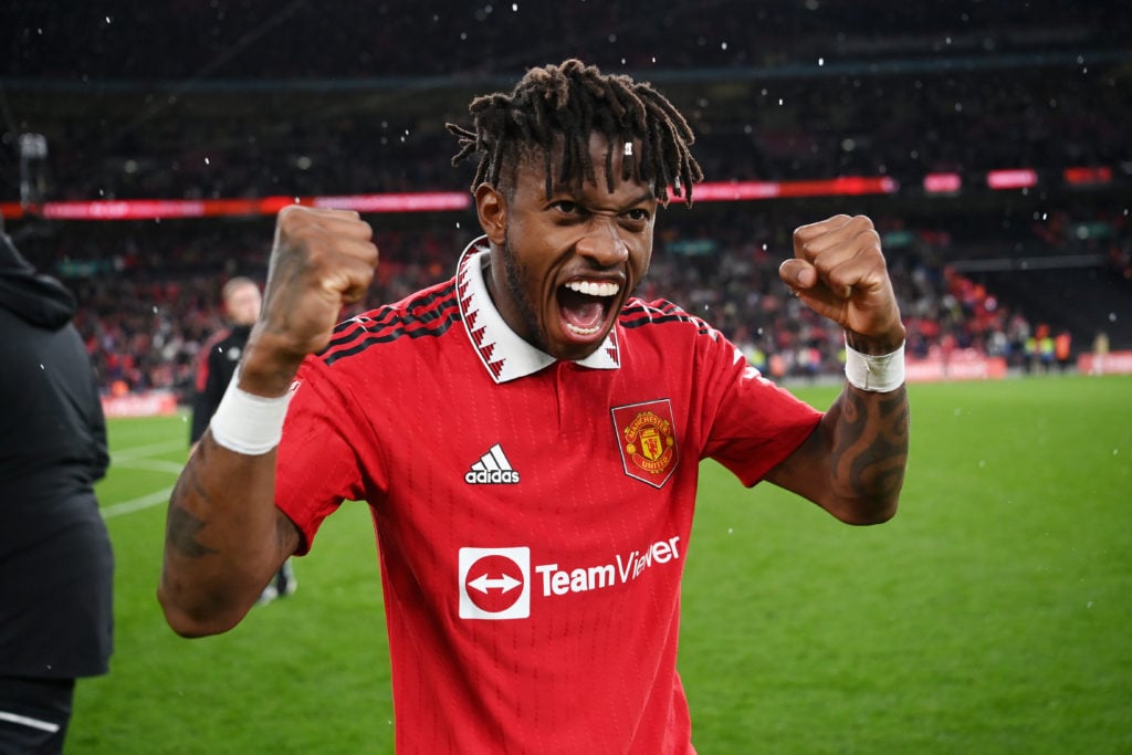 Fred of Manchester United celebrates after the team's victory in the penalty shoot out during the Emirates FA Cup Semi Final match between Brighton...