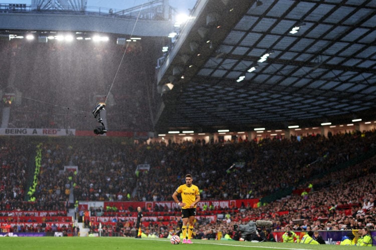 General view as Pedro Neto of Wolverhampton Wanderers prepares to take a free kick during the Premier League match between Manchester United and Wo...