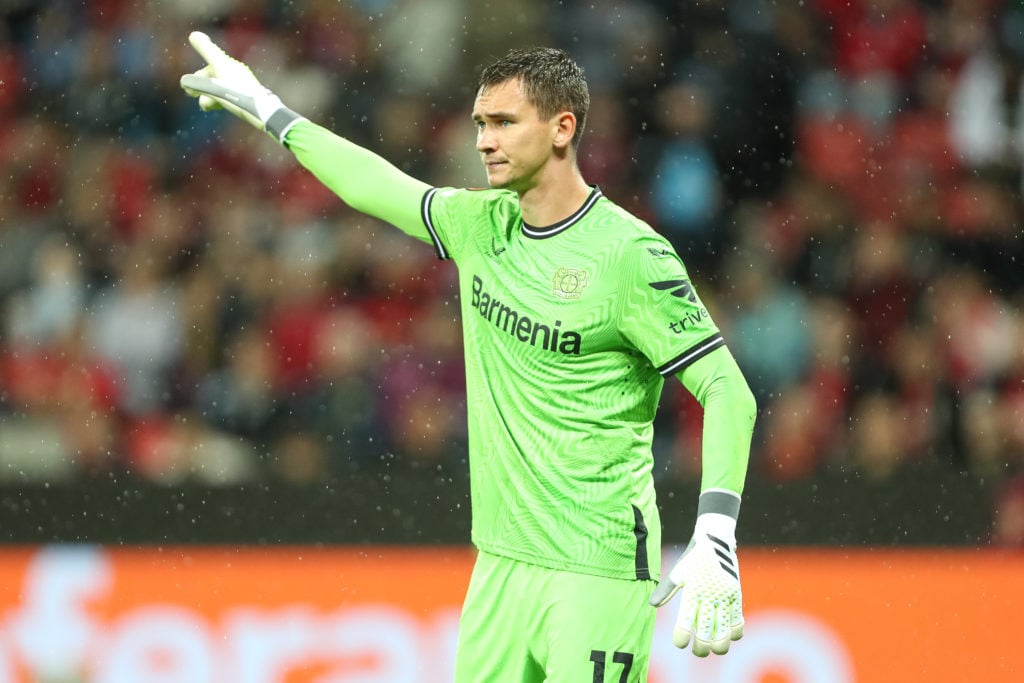 goalkeeper Matej Kovar of Bayer 04 Leverkusen gestures during the UEFA Europa League 2023/24 group stage match between Bayer 04 Leverkusen and BK H...