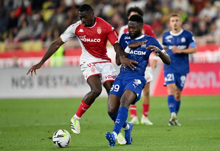 Youssouf Fofana of AS Monaco and Chancel Mbemba of Olympique de Marseille challenge during the Ligue 1 Uber Eats match between AS Monaco and Olympi...