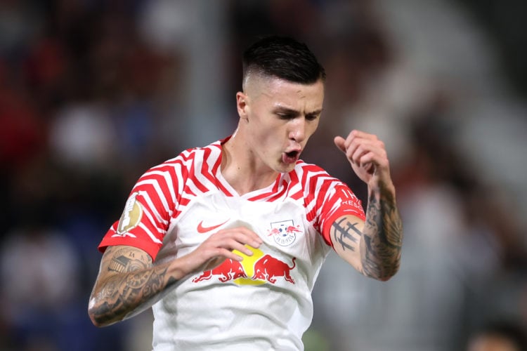 Benjamin Sesko of RB Leipzig celebrates after scoring the team's second goal during the DFB cup first round match between SV Wehen Wiesbaden and RB...