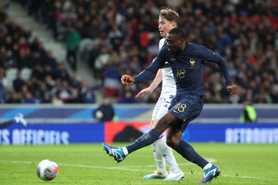 France's midfielder #18 Youssouf Fofana shoots the ball during the friendly football match between France and Scotland at Pierre-Mauroy stadium, in...