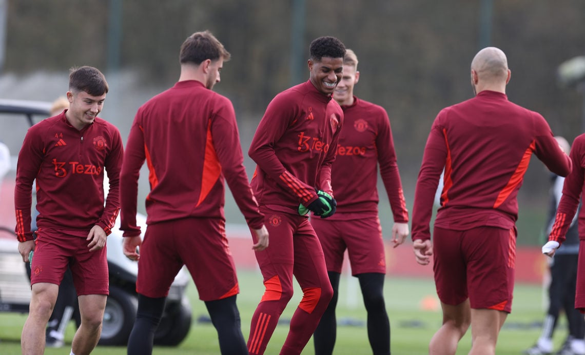 Marcus Rashford of Manchester United in action during a first team training session at Carrington Training Ground on October 23, 2023 in Manchester...
