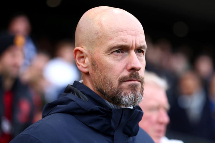 Erik ten Hag, Manager of Manchester United, looks on prior to the Premier League match between Fulham FC and Manchester United at Craven Cottage on...