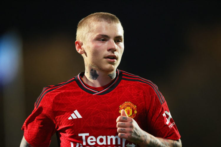 Isak Hansen-Aaroen of Manchester United looks on during the UEFA Youth League 2023/24 match between F.C Copenhagen and Manchester United at Tingbje...