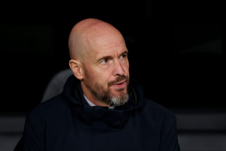 Erik ten Hag, Manager of Manchester United, looks on prior to the UEFA Champions League match between F.C. Copenhagen and Manchester United at Park...