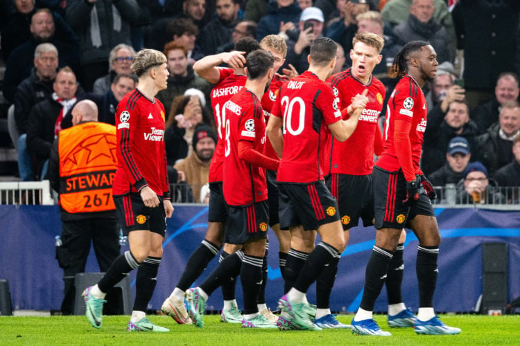 Rasmus Hojlund of Manchester United celebrates scoring their first goal during the UEFA Champions League match between F.C. Copenhagen and Manchest...