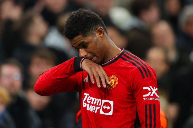 Marcus Rashford of Manchester United looks dejected after being shown a red card during the UEFA Champions League match between F.C. Copenhagen and...