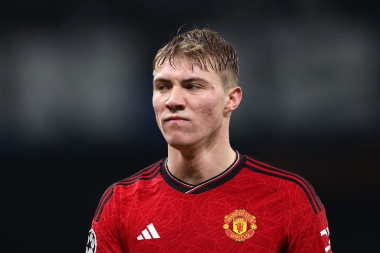 Rasmus Hojlund of Manchester United looks on during the UEFA Champions League match between F.C. Copenhagen and Manchester United at Parken Stadium...