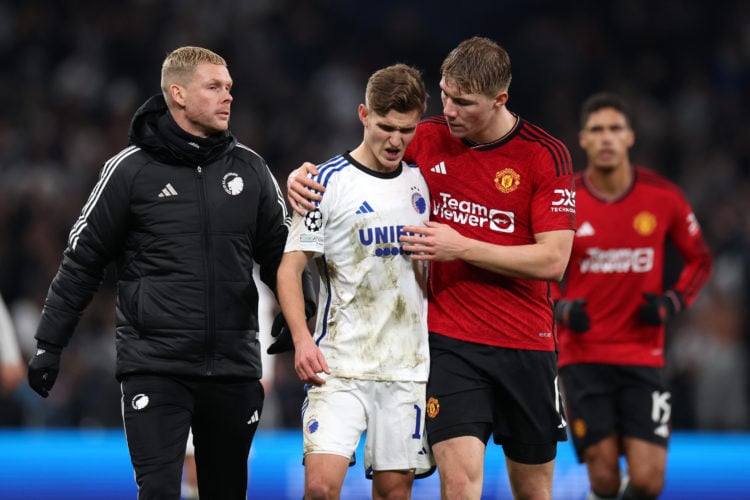 Elias Jelert of FC Copenhagen and Rasmus Hojlund of Manchester United interact during the UEFA Champions League match between F.C. Copenhagen and M...