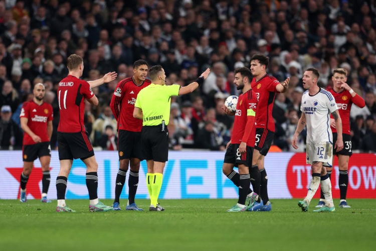 Bruno Fernandes of Manchester United prepares to take a penalty during the UEFA Champions League match between F.C. Copenhagen and Manchester Unite...