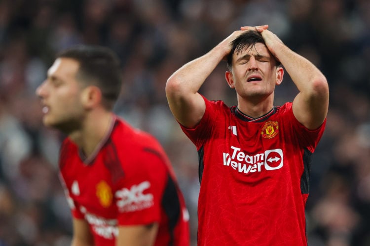 Harry Maguire of Manchester United looks dejected after FC Copenhagen score a fourth goal during the UEFA Champions League match between F.C. Copen...