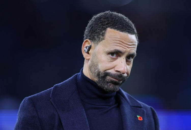 Sports pundit Rio Ferdinand looks on prior to the UEFA Champions League match between Manchester City and BSC Young Boys at Etihad Stadium on Novem...