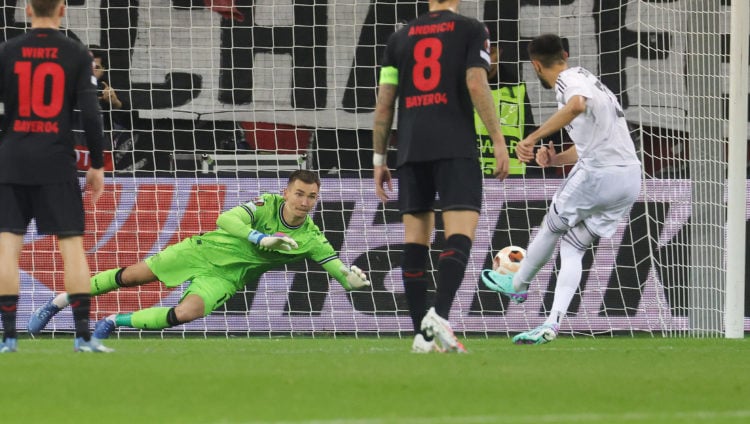 Toral Bayramov of Qarabag scores the goal to the 1:1 per penalty against Goalkeeper  Matej Kovar of Leverkusen during the UEFA Europa League 2023/2...