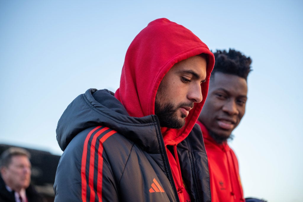 Sofyan Amrabat of Manchester United arrives ahead of the Premier League match between Manchester United and Luton Town at Old Trafford on November ...