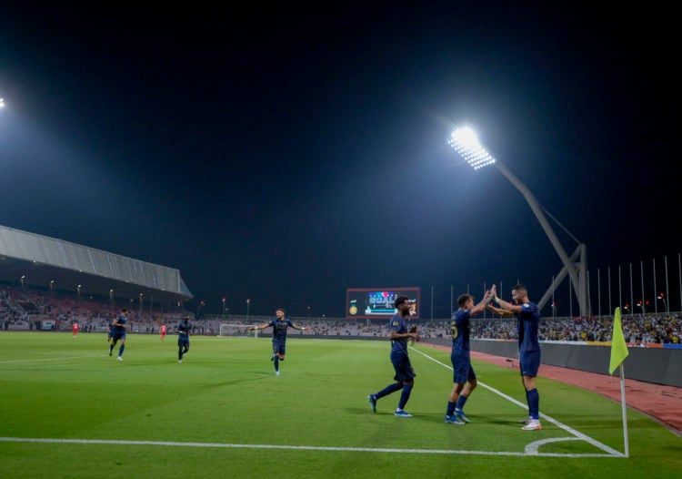 Cristiano Ronaldo of Al Nassr celebrating his goal during the AFC Champions League match between Al-Wahda and Al-Nassr at King Saud University Stad...