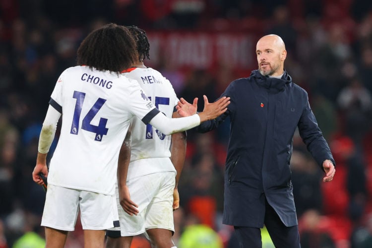 Erik ten Hag, manager of Manchester United, speaks with Teden Mengi and Tahith Chong of Luton Town during the Premier League match between Manchest...