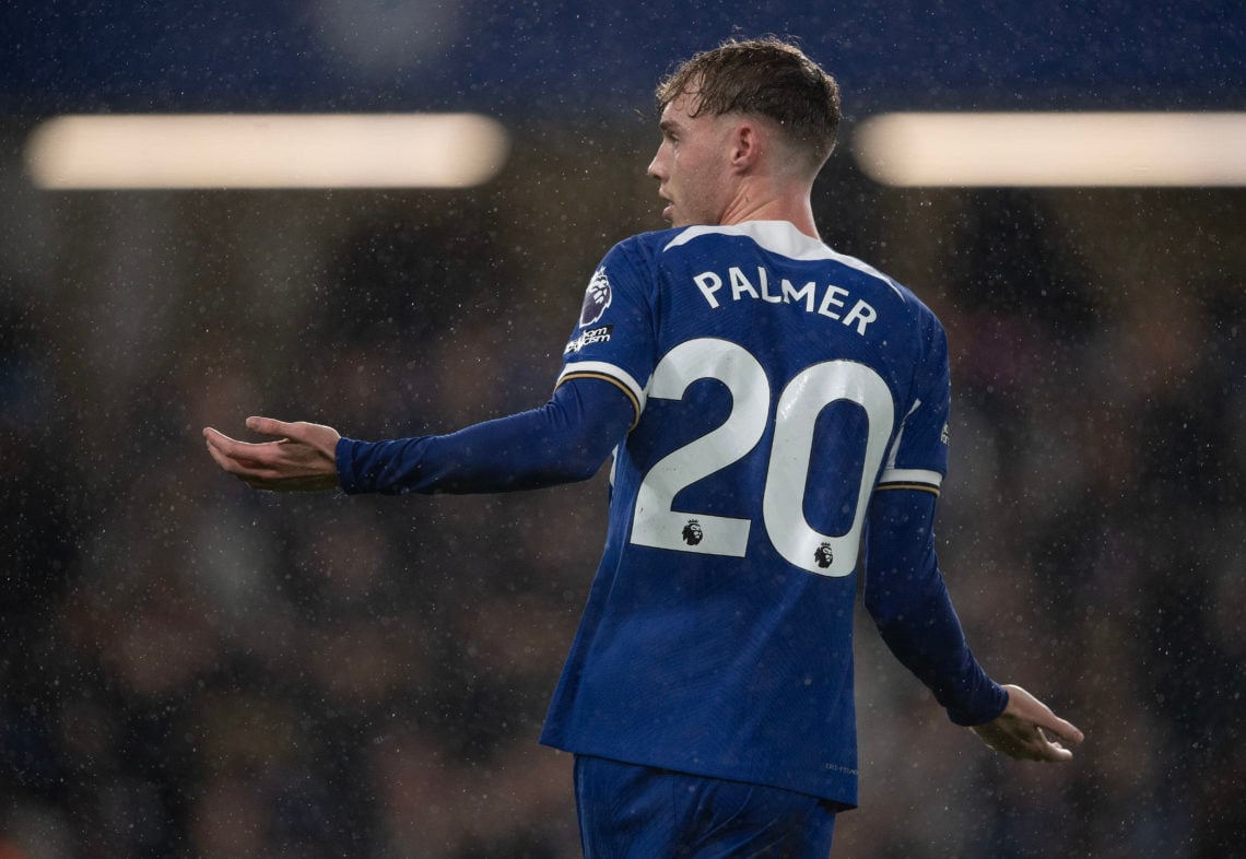 Cole Palmer of Chelsea celebrates his goal during the Premier League match between Chelsea FC and Manchester City at Stamford Bridge on November 12...