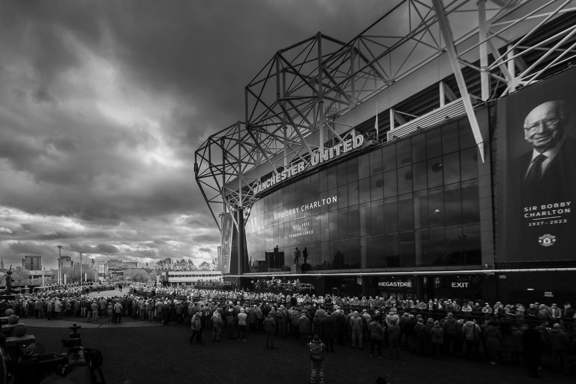 Thousand of fans line up at Old Trafford to pay their respects as Sir Bobby Charlton's hearse passes the stadium on November 13, 2023 in Manchester...