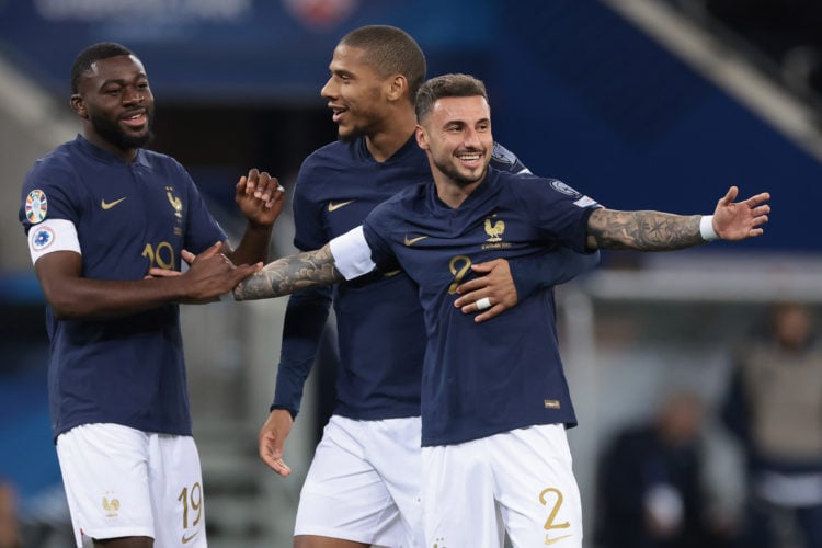 Jonathan Clauss of France celebrates with team mates after scoring to give the side a 5-0 lead  during the UEFA EURO 2024 European qualifier match ...