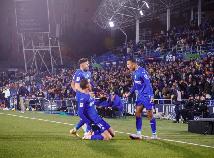 Mason Greenwood of Getafe CF is celebrating a goal during the LaLiga EA Sports match between Getafe CD and UD Almeria at the Coliseo Alfonso Perez ...