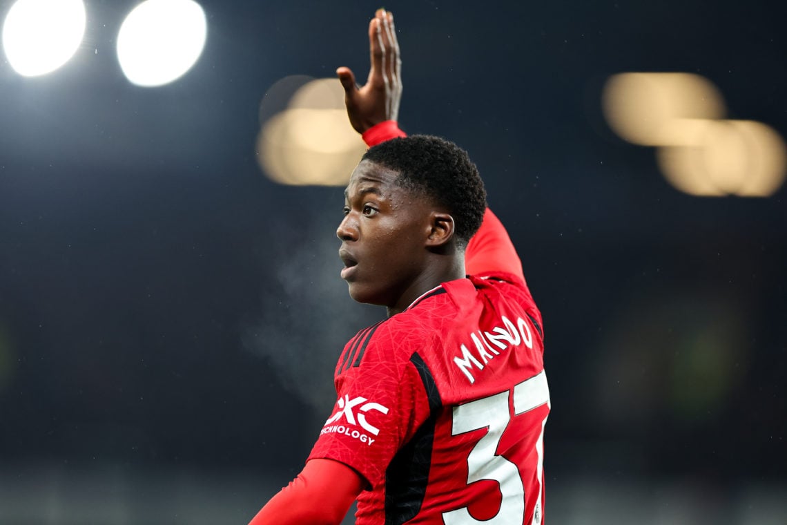 Kobbie Mainoo of Manchester United during the Premier League match between Everton FC and Manchester United at Goodison Park on November 26, 2023 i...