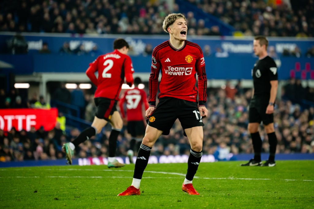 Alejandro Garnacho of Manchester United in action during the Premier League match between Everton FC and Manchester United at Goodison Park on Nove...