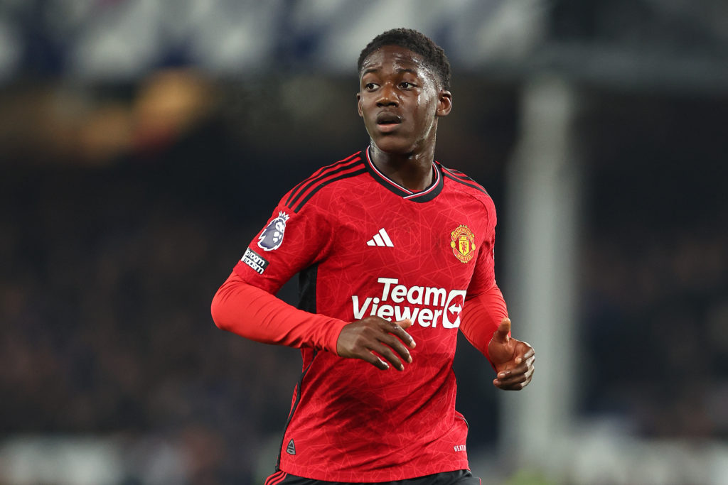 Kobbie Mainoo of Manchester United during the Premier League match between Everton FC and Manchester United at Goodison Park on November 26, 2023 i...