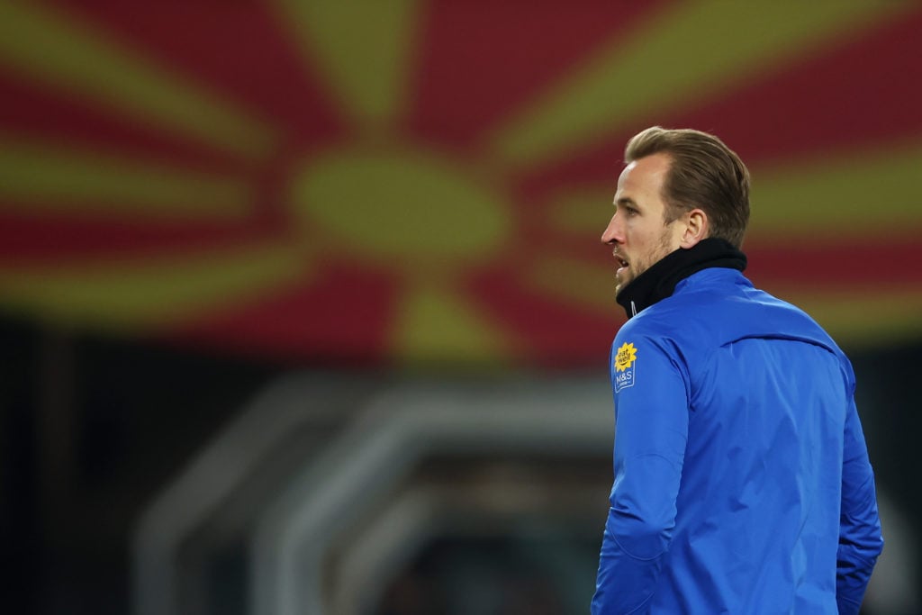 Harry Kane of England warms up prior to the UEFA EURO 2024 European qualifier match between North Macedonia and England at National Arena Todor Pro...