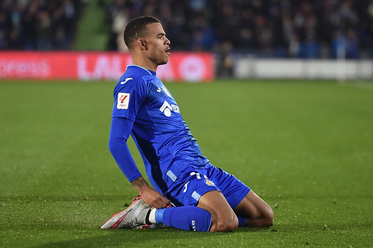 Mason Greenwood of Getafe CF celebrates after scoring the team's first goal during the LaLiga EA Sports match between Getafe CF and UD Almeria at C...