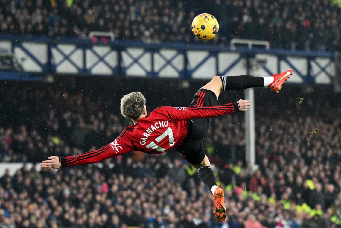 Alejandro Garnacho of Manchester United scores the team's first goal the Premier League match between Everton FC and Manchester United at Goodison ...