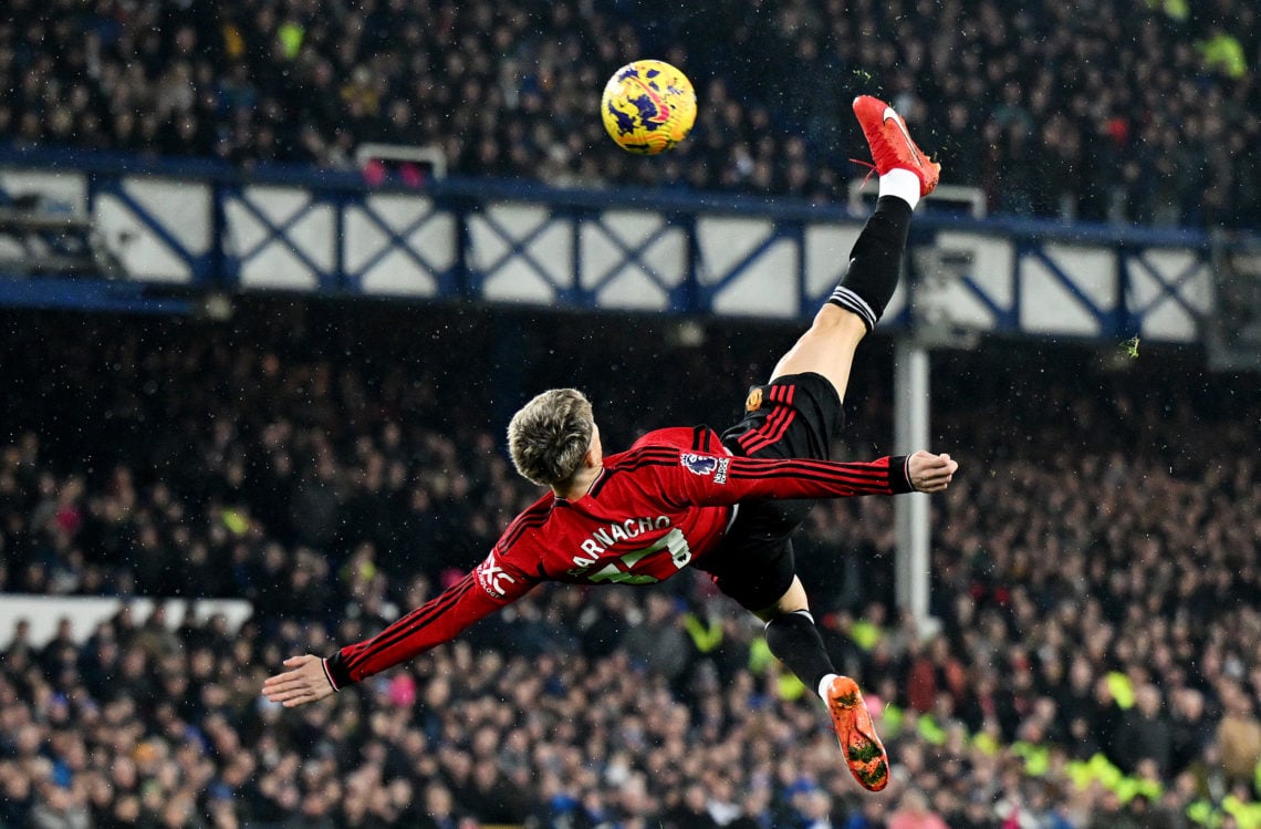 Alejandro Garnacho of Manchester United scores the team's first goal the Premier League match between Everton FC and Manchester United at Goodison ...