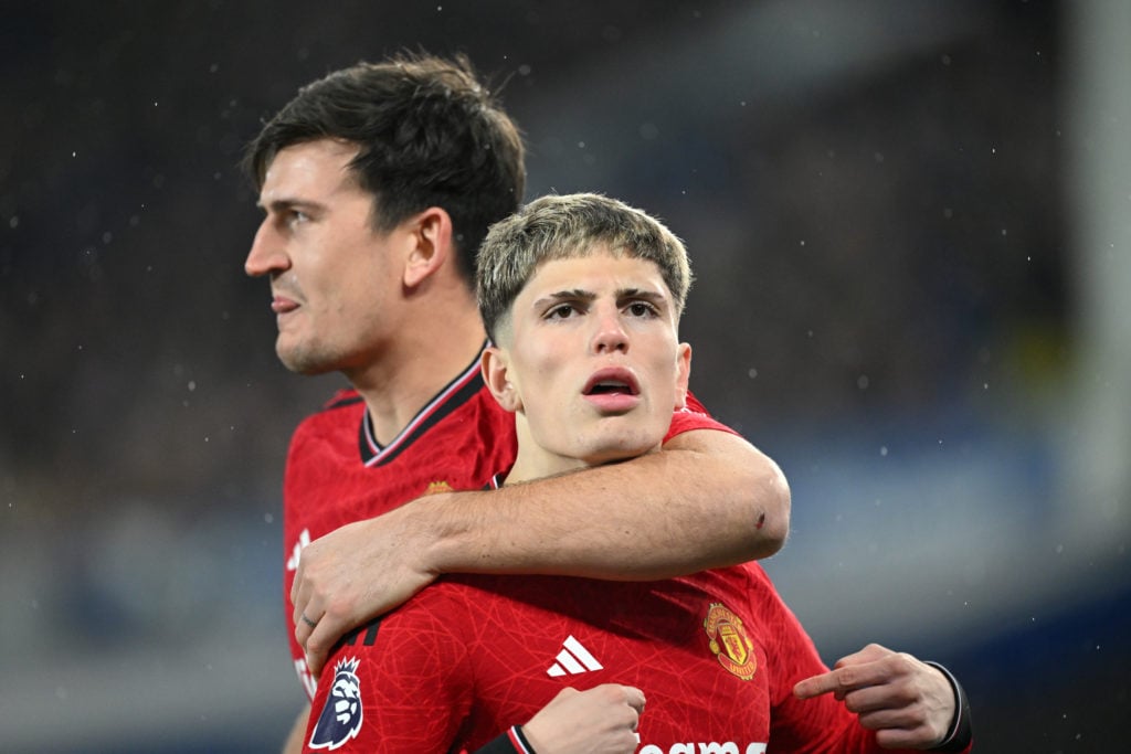 Alejandro Garnacho of Manchester United celebrates with Harry Maguire of Manchester United after scoring the team's first goal during the Premier L...